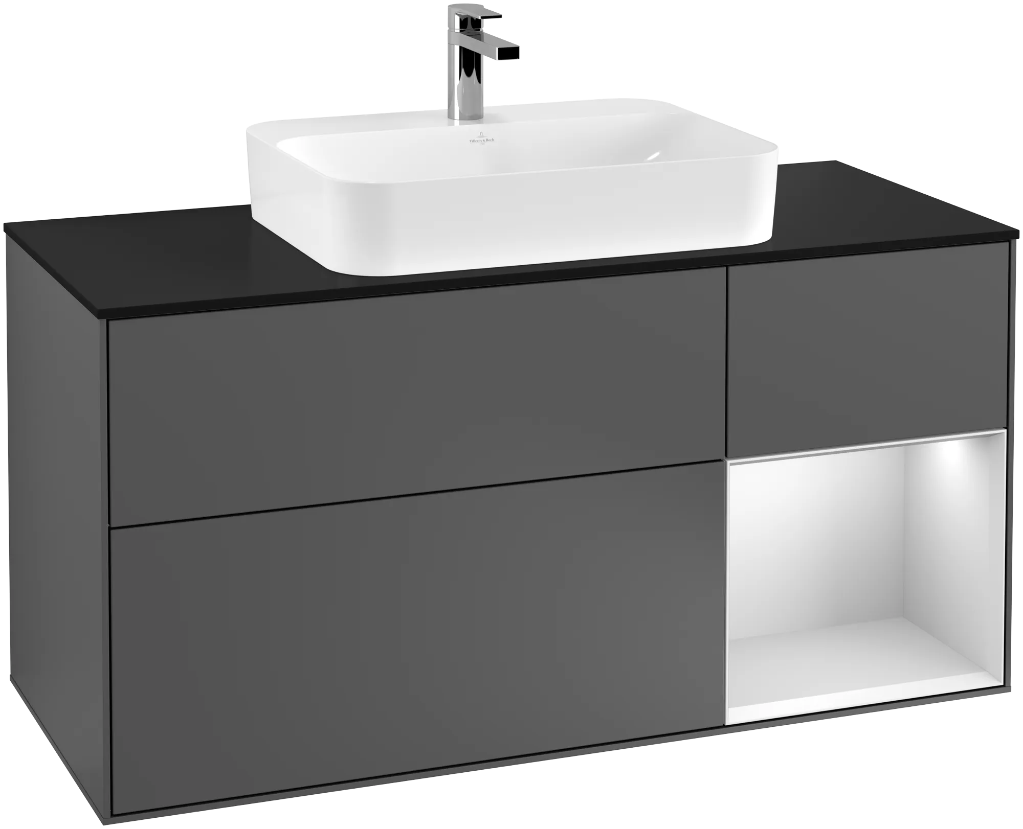 Bild von VILLEROY BOCH Finion Waschbeckenunterschrank, mit Beleuchtung, 3 Auszüge, 1200 x 603 x 501 mm, Anthracite Matt Lacquer / White Matt Lacquer / Glass Black Matt #G422MTGK