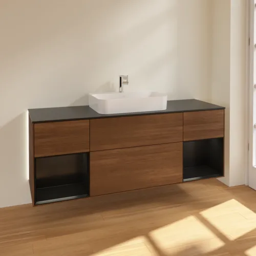 Obrázek VILLEROY BOCH Finion Vanity unit, with lighting, 4 pull-out compartments, 1600 x 603 x 501 mm, Walnut Veneer / Black Matt Lacquer / Glass Black Matt #G452PDGN