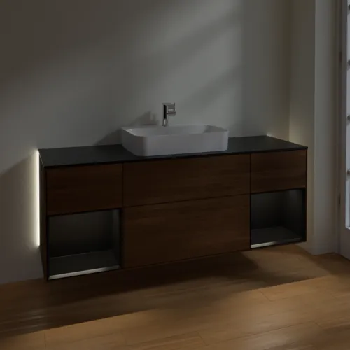 Obrázek VILLEROY BOCH Finion Vanity unit, with lighting, 4 pull-out compartments, 1600 x 603 x 501 mm, Walnut Veneer / Black Matt Lacquer / Glass Black Matt #G452PDGN