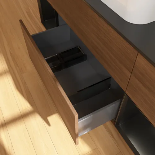 Obrázek VILLEROY BOCH Finion Vanity unit, with lighting, 4 pull-out compartments, 1600 x 603 x 501 mm, Walnut Veneer / Black Matt Lacquer / Glass Black Matt #G452PDGN