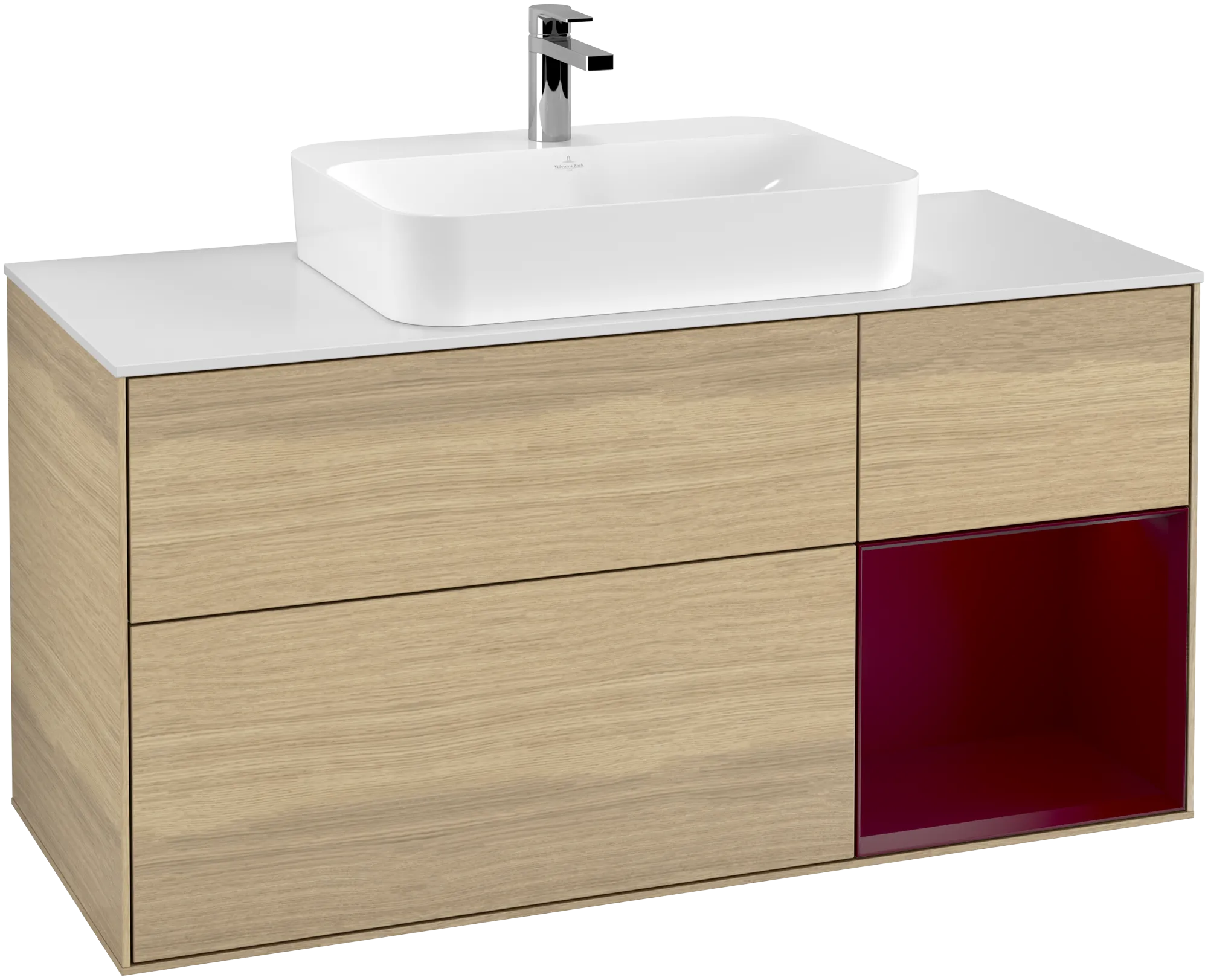 Bild von VILLEROY BOCH Finion Waschbeckenunterschrank, mit Beleuchtung, 3 Auszüge, 1200 x 603 x 501 mm, Oak Veneer / Peony Matt Lacquer / Glass White Matt #G421HBPC