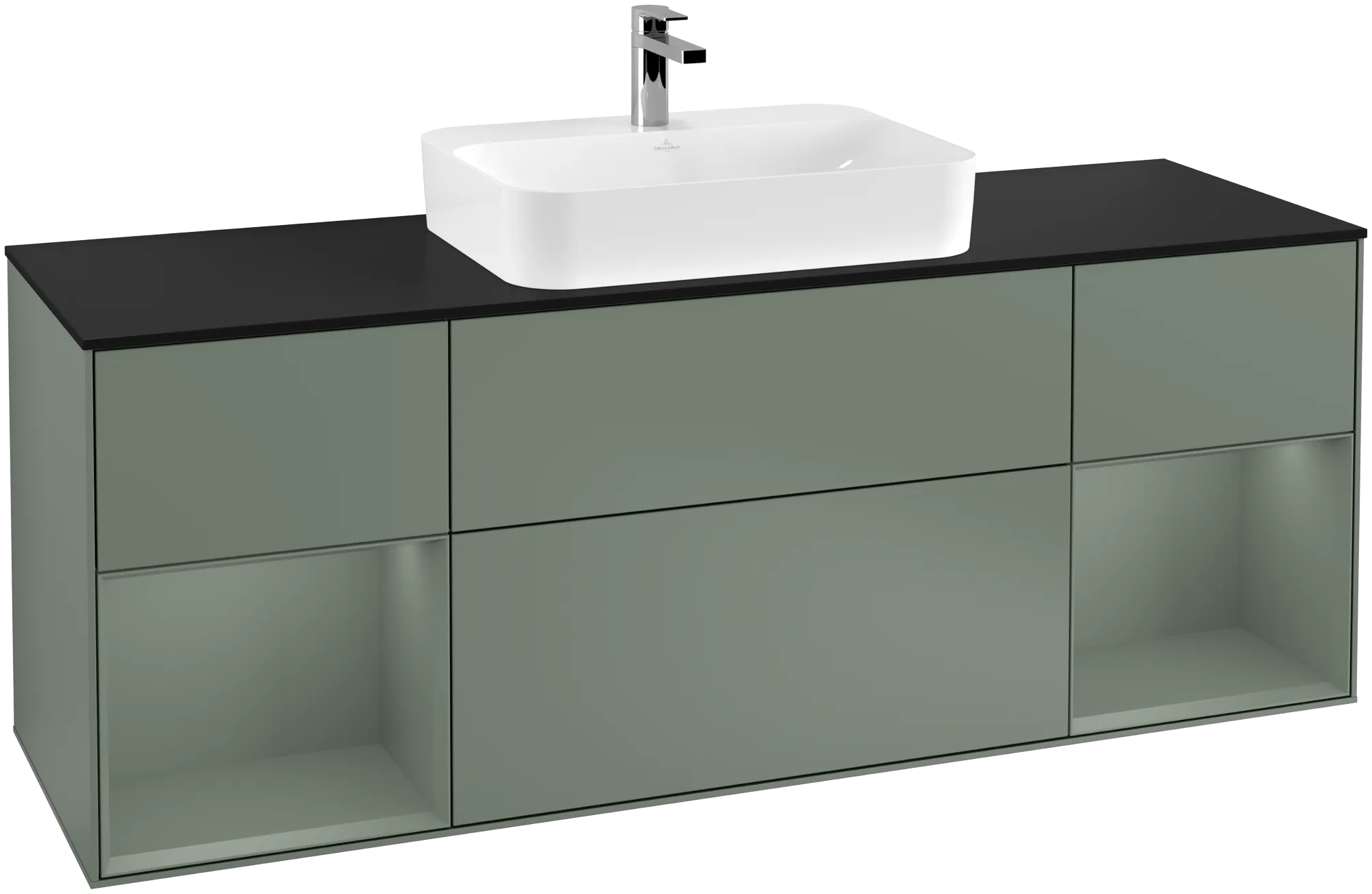 Bild von VILLEROY BOCH Finion Waschbeckenunterschrank, mit Beleuchtung, 4 Auszüge, 1600 x 603 x 501 mm, Olive Matt Lacquer / Olive Matt Lacquer / Glass Black Matt #G452GMGM