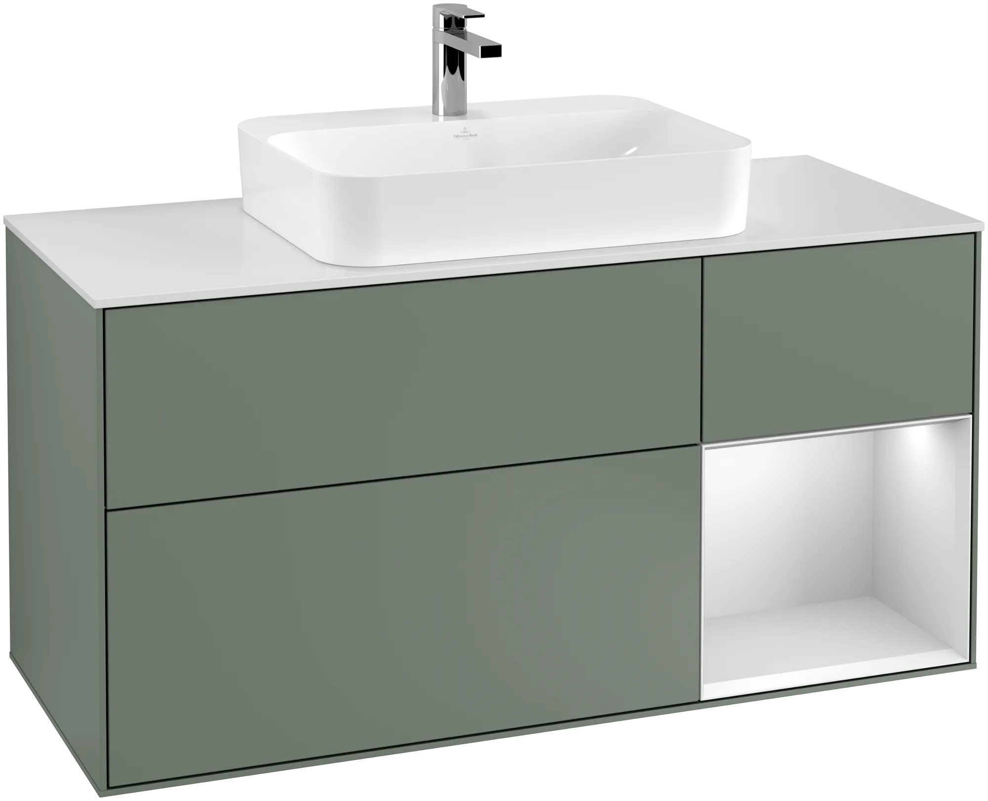 Bild von VILLEROY BOCH Finion Waschbeckenunterschrank, mit Beleuchtung, 3 Auszüge, 1200 x 603 x 501 mm, Olive Matt Lacquer / White Matt Lacquer / Glass White Matt #G421MTGM
