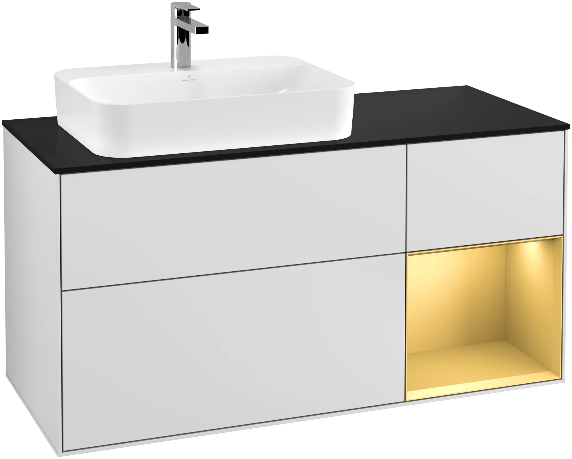 Obrázek VILLEROY BOCH Finion Vanity unit, with lighting, 3 pull-out compartments, 1200 x 603 x 501 mm, White Matt Lacquer / Gold Matt Lacquer / Glass Black Matt #G402HFMT
