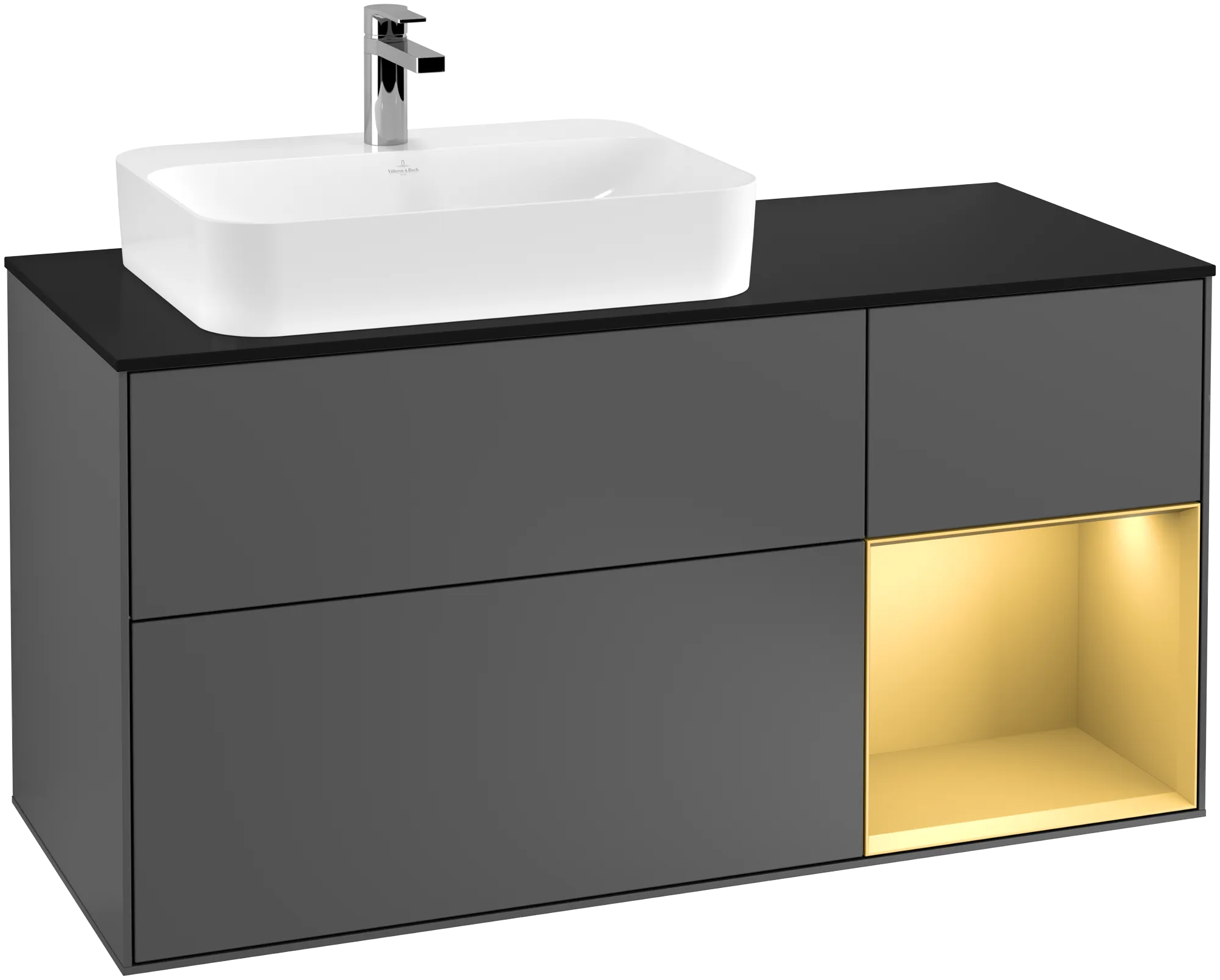 Bild von VILLEROY BOCH Finion Waschbeckenunterschrank, mit Beleuchtung, 3 Auszüge, 1200 x 603 x 501 mm, Anthracite Matt Lacquer / Gold Matt Lacquer / Glass Black Matt #G402HFGK