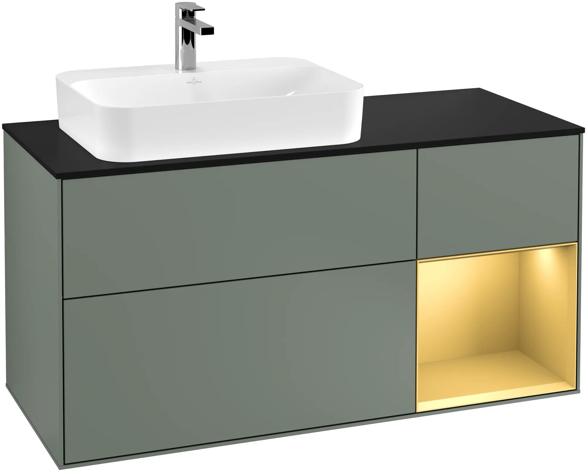 Bild von VILLEROY BOCH Finion Waschbeckenunterschrank, mit Beleuchtung, 3 Auszüge, 1200 x 603 x 501 mm, Olive Matt Lacquer / Gold Matt Lacquer / Glass Black Matt #G402HFGM