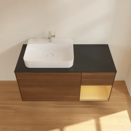 Bild von VILLEROY BOCH Finion Waschbeckenunterschrank, mit Beleuchtung, 3 Auszüge, 1200 x 603 x 501 mm, Walnut Veneer / Gold Matt Lacquer / Glass Black Matt #G402HFGN
