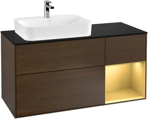 Bild von VILLEROY BOCH Finion Waschbeckenunterschrank, mit Beleuchtung, 3 Auszüge, 1200 x 603 x 501 mm, Walnut Veneer / Gold Matt Lacquer / Glass Black Matt #G402HFGN