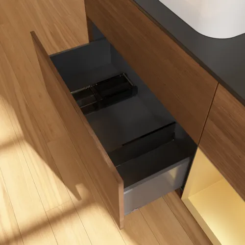 Bild von VILLEROY BOCH Finion Waschbeckenunterschrank, mit Beleuchtung, 3 Auszüge, 1200 x 603 x 501 mm, Walnut Veneer / Gold Matt Lacquer / Glass Black Matt #G402HFGN