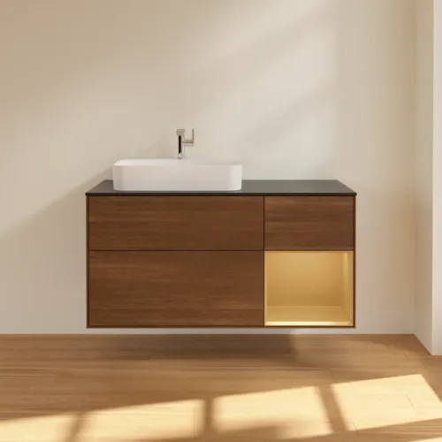 Bild von VILLEROY BOCH Finion Waschbeckenunterschrank, mit Beleuchtung, 3 Auszüge, 1200 x 603 x 501 mm, Walnut Veneer / Gold Matt Lacquer / Glass Black Matt #G402HFGN