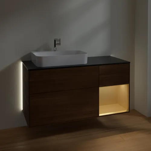 Bild von VILLEROY BOCH Finion Waschbeckenunterschrank, mit Beleuchtung, 3 Auszüge, 1200 x 603 x 501 mm, Walnut Veneer / Gold Matt Lacquer / Glass Black Matt #G402HFGN