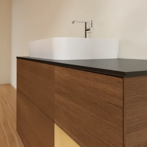 Bild von VILLEROY BOCH Finion Waschbeckenunterschrank, mit Beleuchtung, 3 Auszüge, 1200 x 603 x 501 mm, Walnut Veneer / Gold Matt Lacquer / Glass Black Matt #G402HFGN