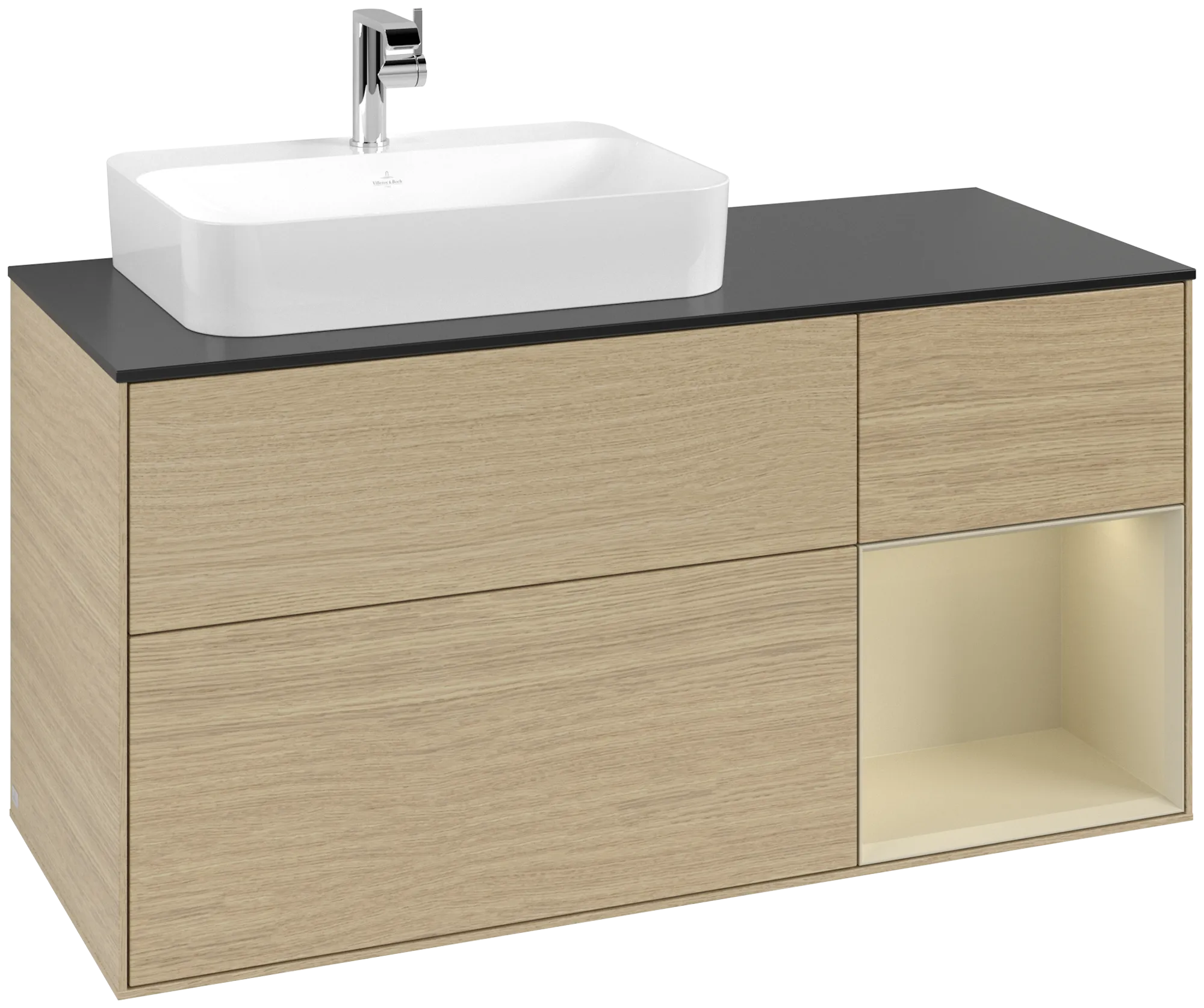 Bild von VILLEROY BOCH Finion Waschbeckenunterschrank, mit Beleuchtung, 3 Auszüge, 1200 x 603 x 501 mm, Oak Veneer / Silk Grey Matt Lacquer / Glass Black Matt #G402HJPC