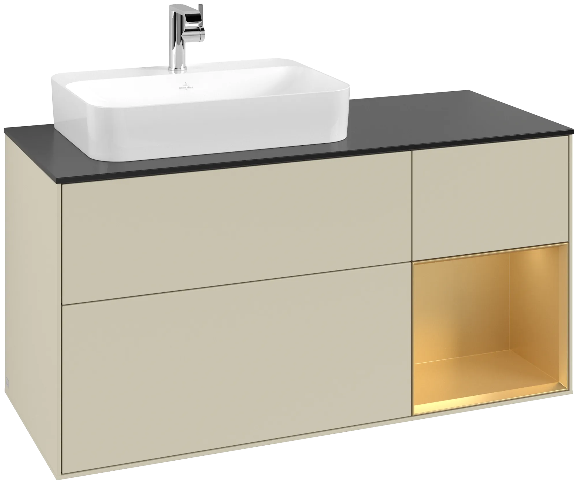 Obrázek VILLEROY BOCH Finion Vanity unit, with lighting, 3 pull-out compartments, 1200 x 603 x 501 mm, Silk Grey Matt Lacquer / Gold Matt Lacquer / Glass Black Matt #G402HFHJ
