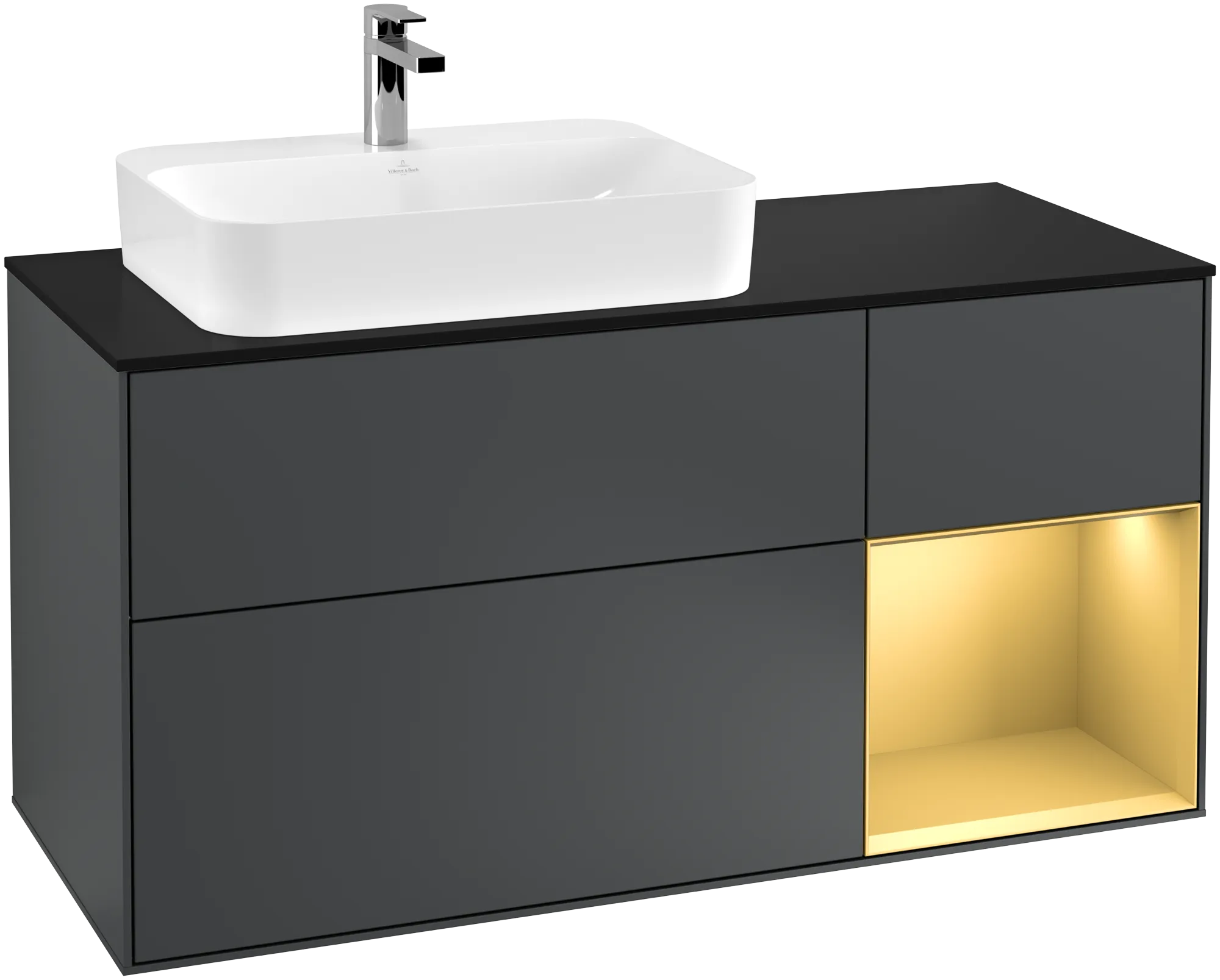 Bild von VILLEROY BOCH Finion Waschbeckenunterschrank, mit Beleuchtung, 3 Auszüge, 1200 x 603 x 501 mm, Midnight Blue Matt Lacquer / Gold Matt Lacquer / Glass Black Matt #G402HFHG