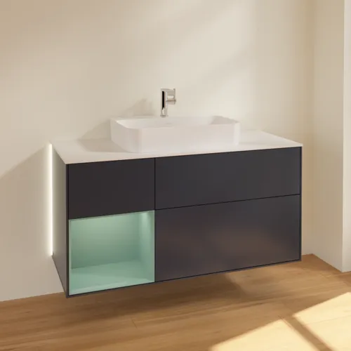 Bild von VILLEROY BOCH Finion Waschbeckenunterschrank, mit Beleuchtung, 3 Auszüge, 1200 x 603 x 501 mm, Midnight Blue Matt Lacquer / Olive Matt Lacquer / Glass White Matt #G411GMHG