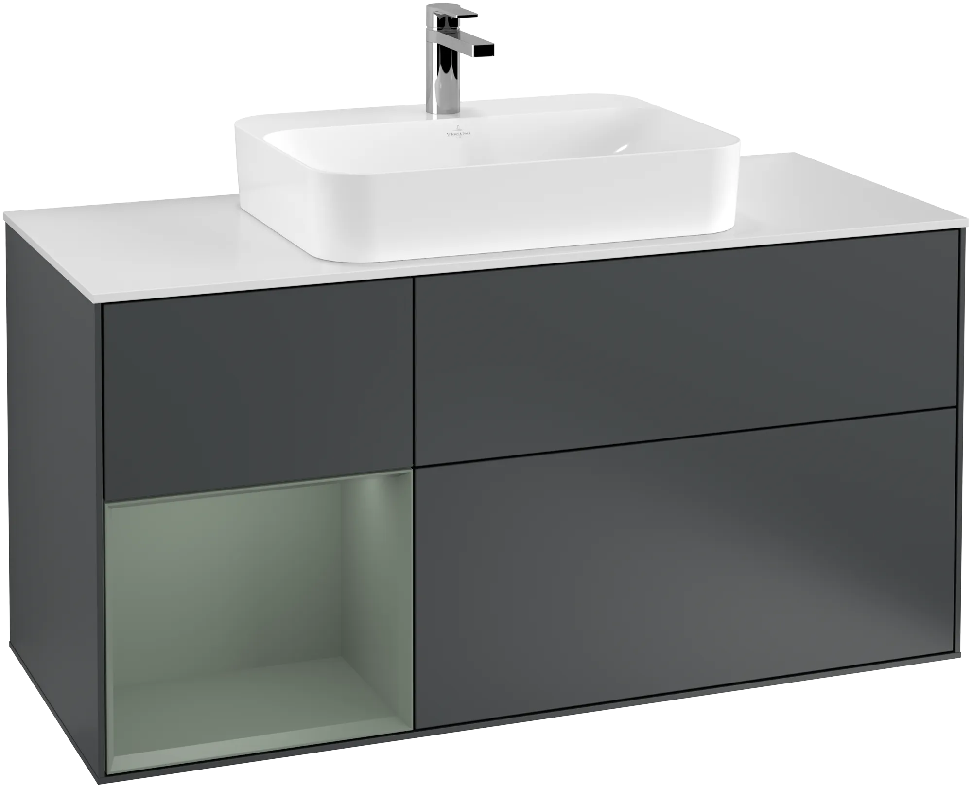 Bild von VILLEROY BOCH Finion Waschbeckenunterschrank, mit Beleuchtung, 3 Auszüge, 1200 x 603 x 501 mm, Midnight Blue Matt Lacquer / Olive Matt Lacquer / Glass White Matt #G411GMHG