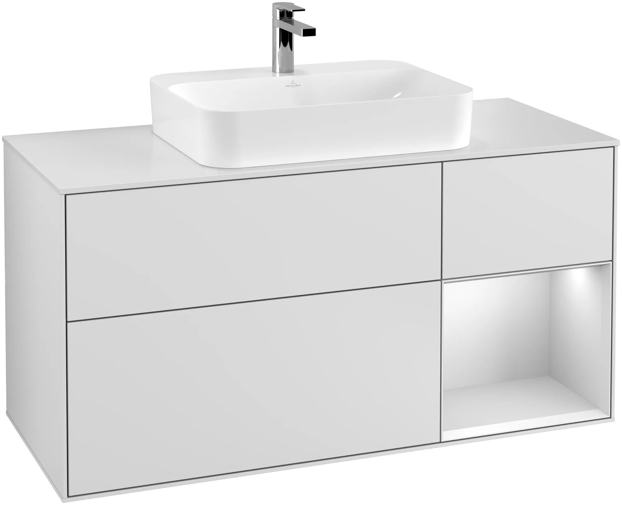 Bild von VILLEROY BOCH Finion Waschbeckenunterschrank, mit Beleuchtung, 3 Auszüge, 1200 x 603 x 501 mm, White Matt Lacquer / White Matt Lacquer / Glass White Matt #G421MTMT