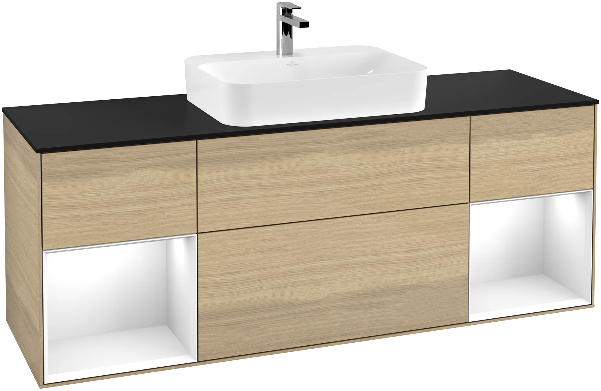 Bild von VILLEROY BOCH Finion Waschbeckenunterschrank, mit Beleuchtung, 4 Auszüge, 1600 x 603 x 501 mm, Oak Veneer / Glossy White Lacquer / Glass Black Matt #G452GFPC