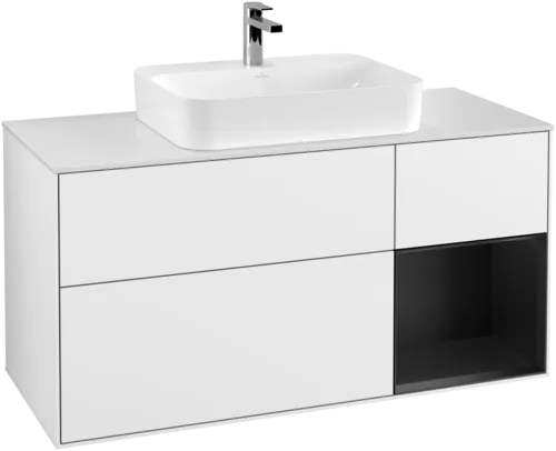 Bild von VILLEROY BOCH Finion Waschbeckenunterschrank, mit Beleuchtung, 3 Auszüge, 1200 x 603 x 501 mm, Glossy White Lacquer / Black Matt Lacquer / Glass White Matt #G421PDGF