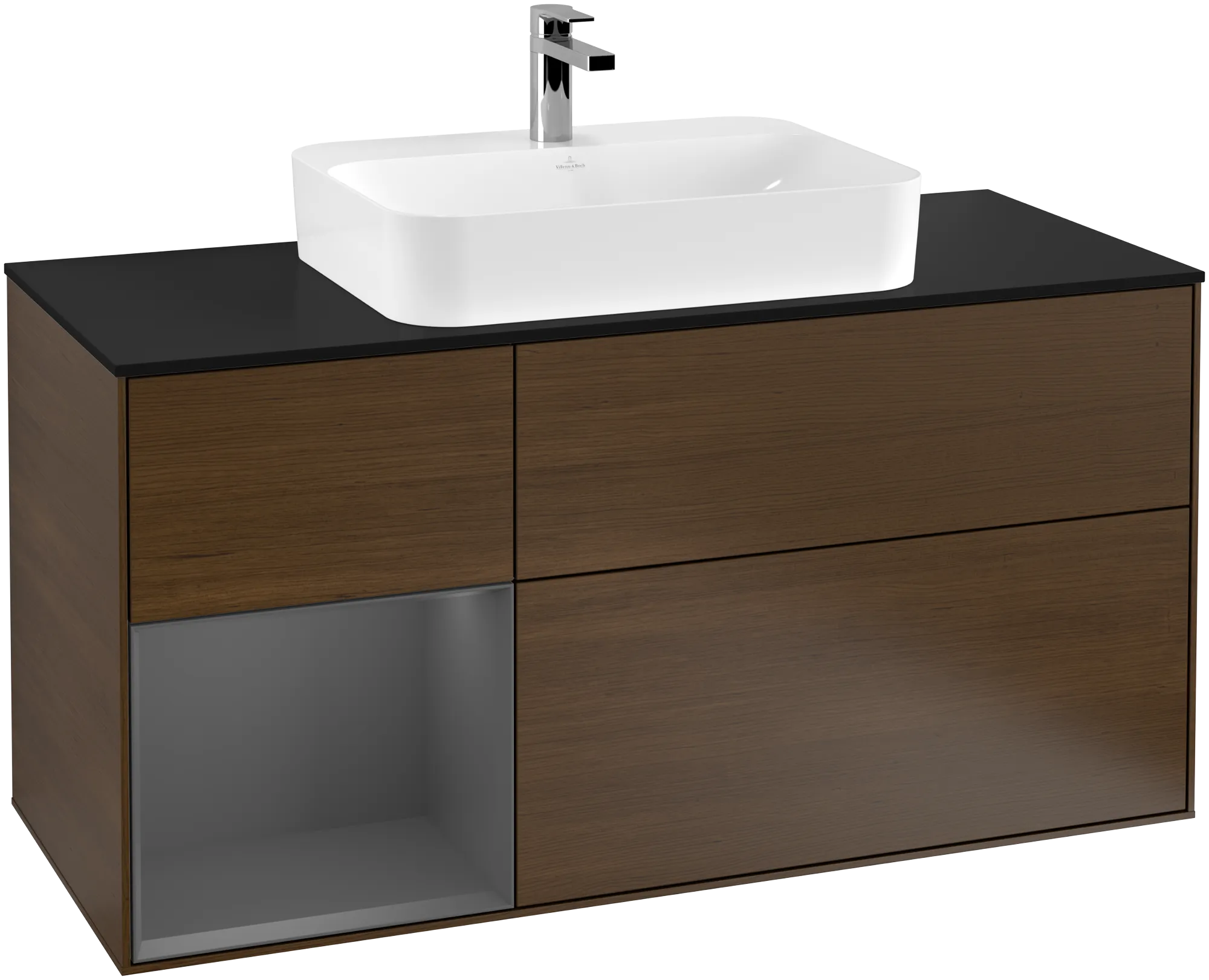 Bild von VILLEROY BOCH Finion Waschbeckenunterschrank, mit Beleuchtung, 3 Auszüge, 1200 x 603 x 501 mm, Walnut Veneer / Anthracite Matt Lacquer / Glass Black Matt #G412GKGN