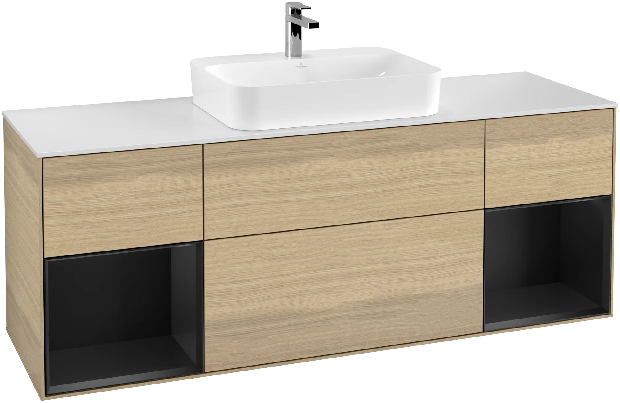 Bild von VILLEROY BOCH Finion Waschbeckenunterschrank, mit Beleuchtung, 4 Auszüge, 1600 x 603 x 501 mm, Oak Veneer / Black Matt Lacquer / Glass White Matt #G451PDPC