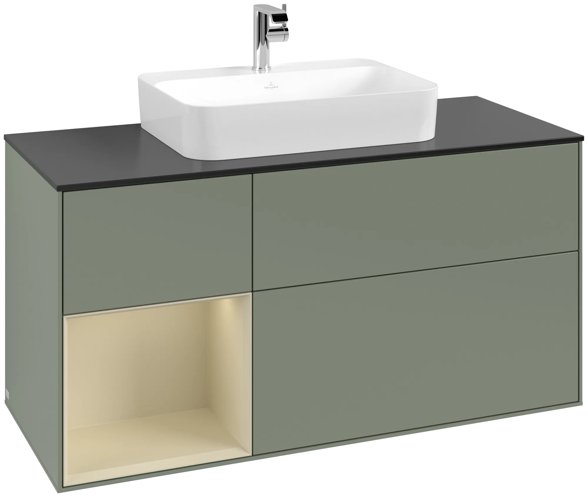 Bild von VILLEROY BOCH Finion Waschbeckenunterschrank, mit Beleuchtung, 3 Auszüge, 1200 x 603 x 501 mm, Olive Matt Lacquer / Silk Grey Matt Lacquer / Glass Black Matt #G412HJGM