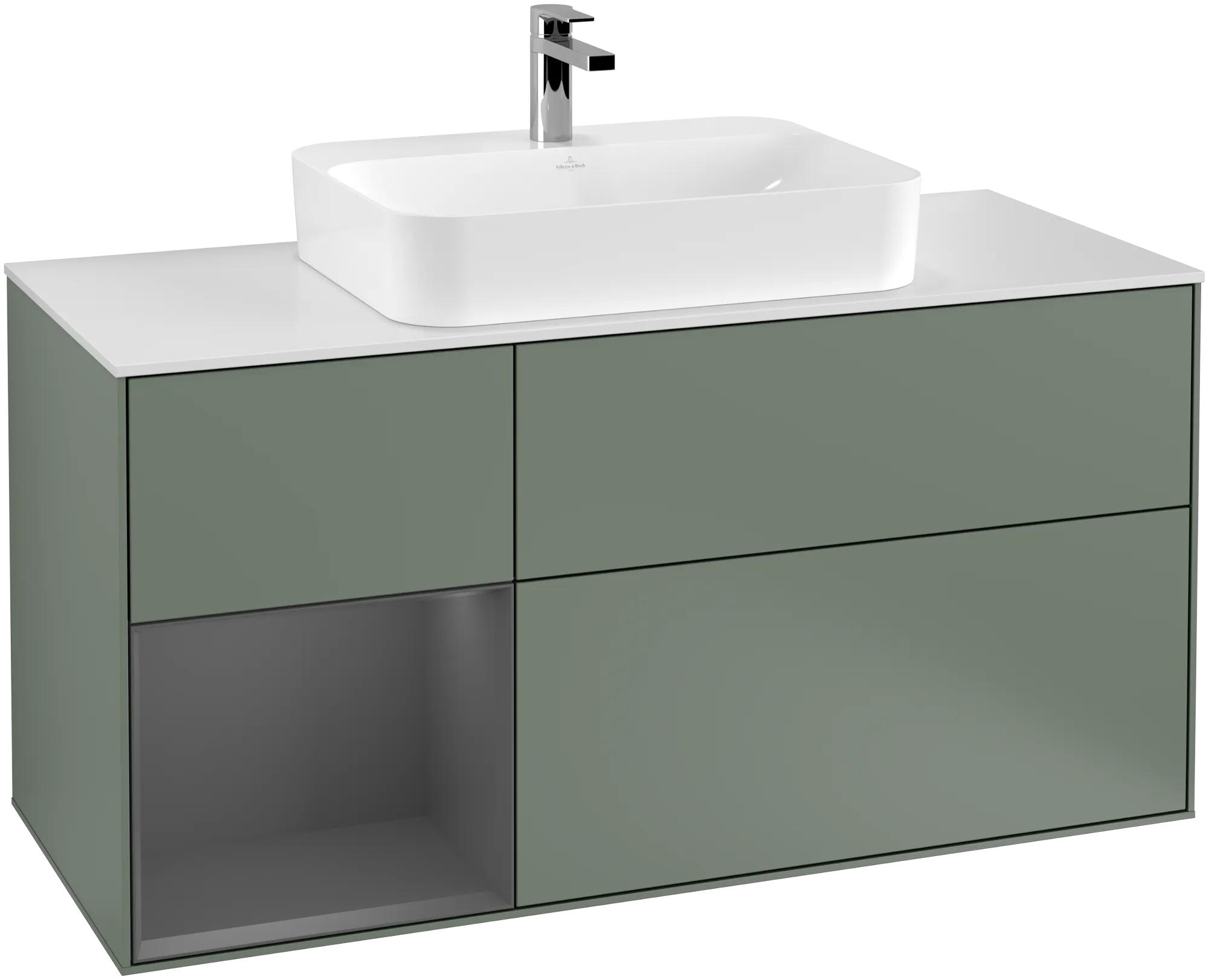 Bild von VILLEROY BOCH Finion Waschbeckenunterschrank, mit Beleuchtung, 3 Auszüge, 1200 x 603 x 501 mm, Olive Matt Lacquer / Anthracite Matt Lacquer / Glass White Matt #G411GKGM