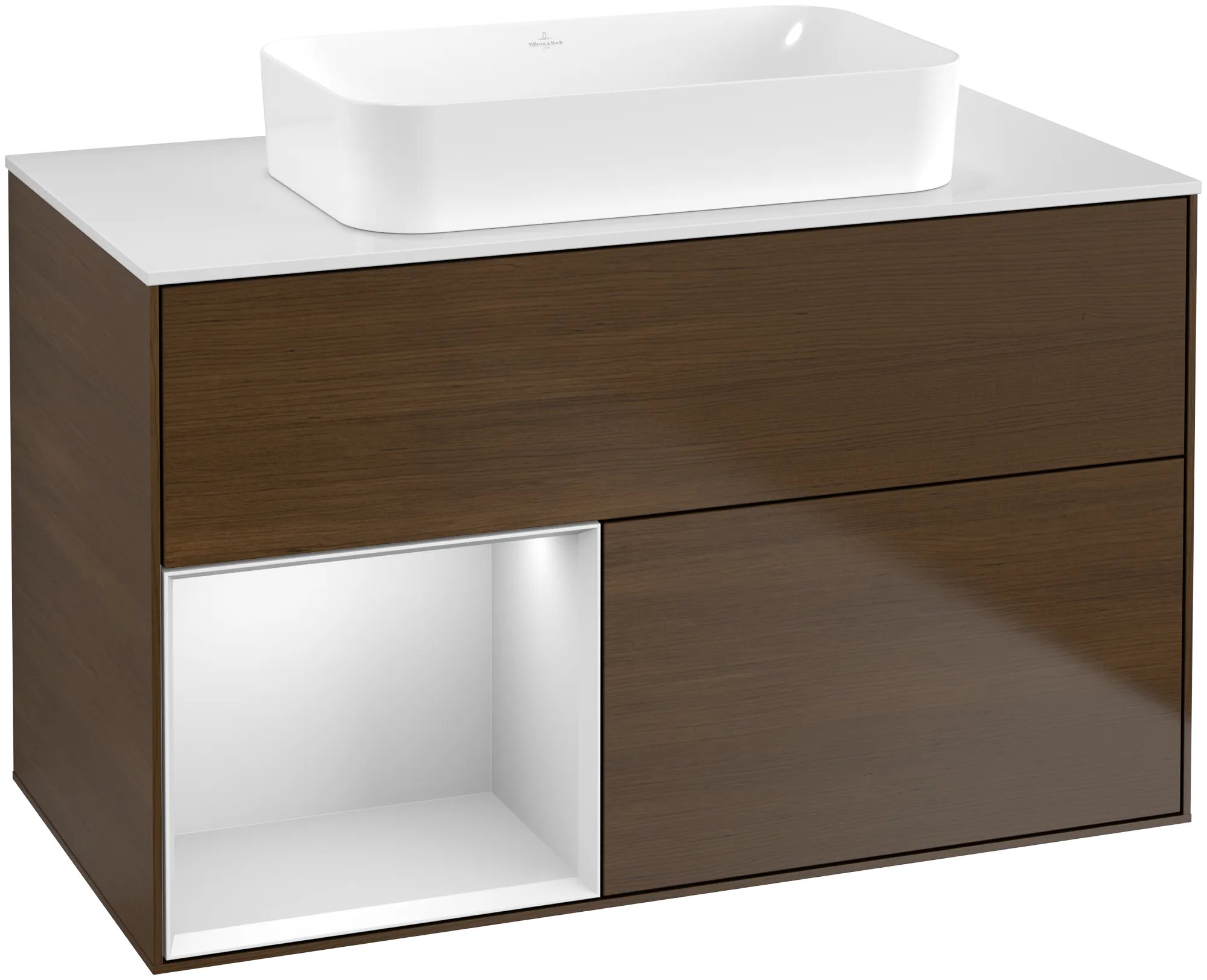 Bild von VILLEROY BOCH Finion Waschbeckenunterschrank, mit Beleuchtung, 2 Auszüge, 1000 x 603 x 501 mm, Walnut Veneer / White Matt Lacquer / Glass White Matt #G651MTGN