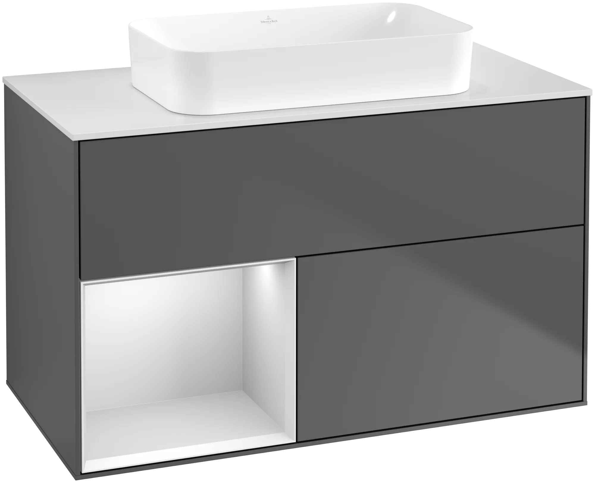 Obrázek VILLEROY BOCH Finion Vanity unit, with lighting, 2 pull-out compartments, 1000 x 603 x 501 mm, Anthracite Matt Lacquer / White Matt Lacquer / Glass White Matt #G651MTGK