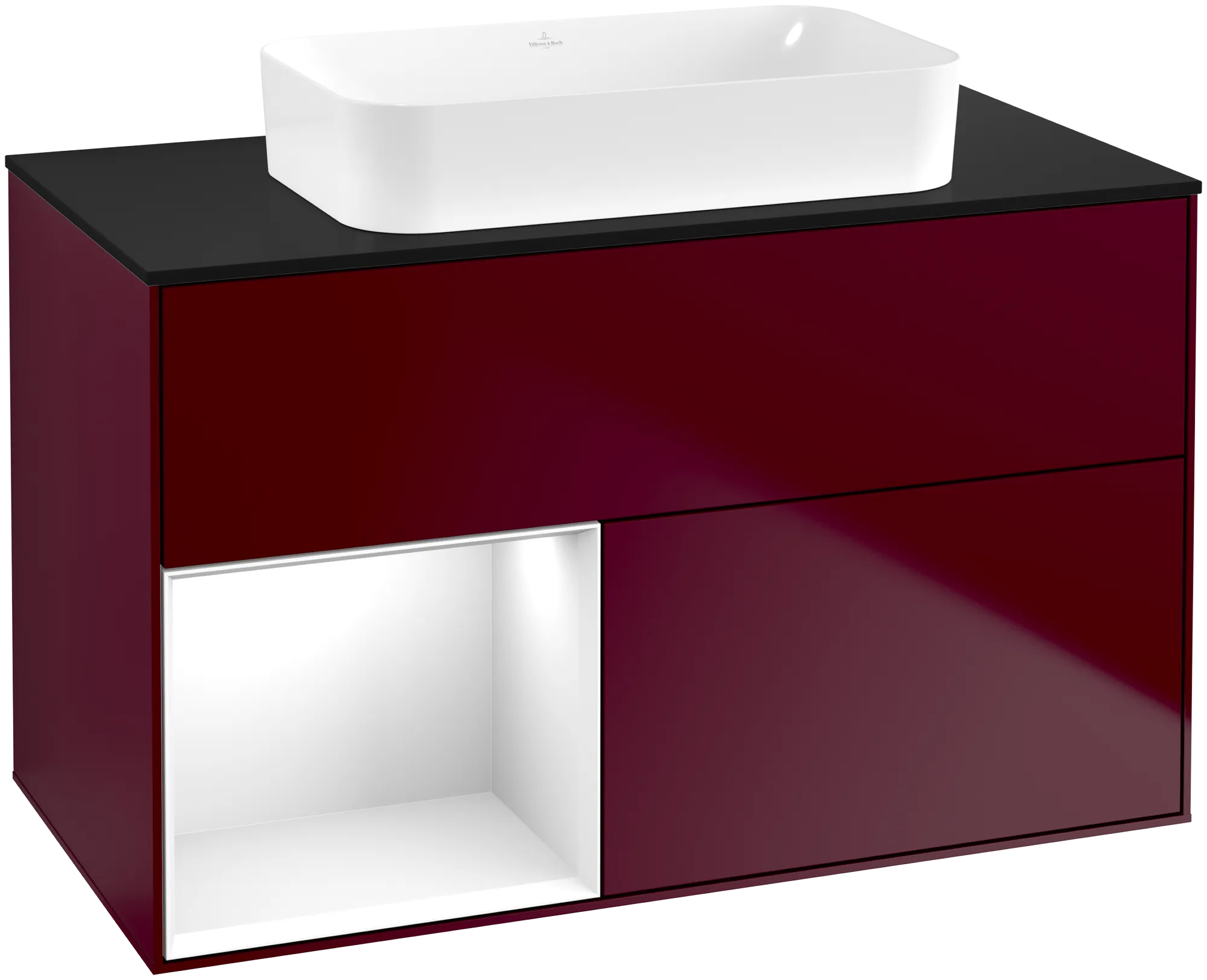 Bild von VILLEROY BOCH Finion Waschbeckenunterschrank, mit Beleuchtung, 2 Auszüge, 1000 x 603 x 501 mm, Peony Matt Lacquer / Glossy White Lacquer / Glass Black Matt #G652GFHB