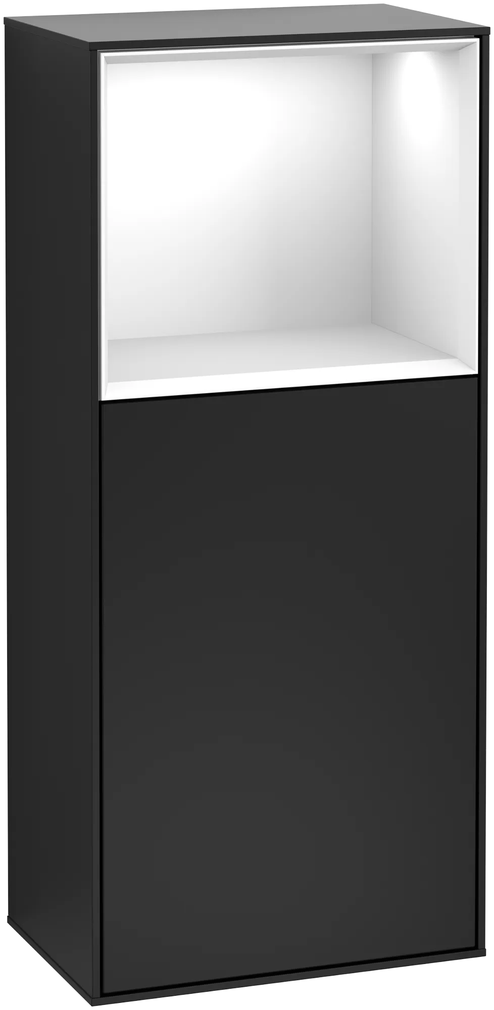 Picture of VILLEROY BOCH Finion Side cabinet, with lighting, 1 door, 418 x 936 x 270 mm, Black Matt Lacquer / Glossy White Lacquer #G500GFPD