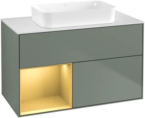 Bild von VILLEROY BOCH Finion Waschbeckenunterschrank, mit Beleuchtung, 2 Auszüge, 1000 x 603 x 501 mm, Olive Matt Lacquer / Gold Matt Lacquer / Glass White Matt #G651HFGM