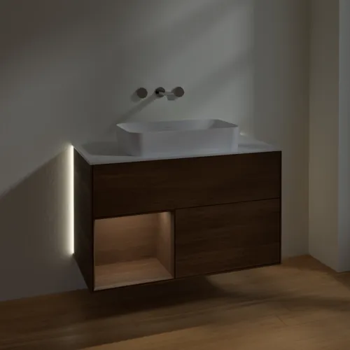 Bild von VILLEROY BOCH Finion Waschbeckenunterschrank, mit Beleuchtung, 2 Auszüge, 1000 x 603 x 501 mm, Walnut Veneer / Walnut Veneer / Glass White Matt #G651GNGN