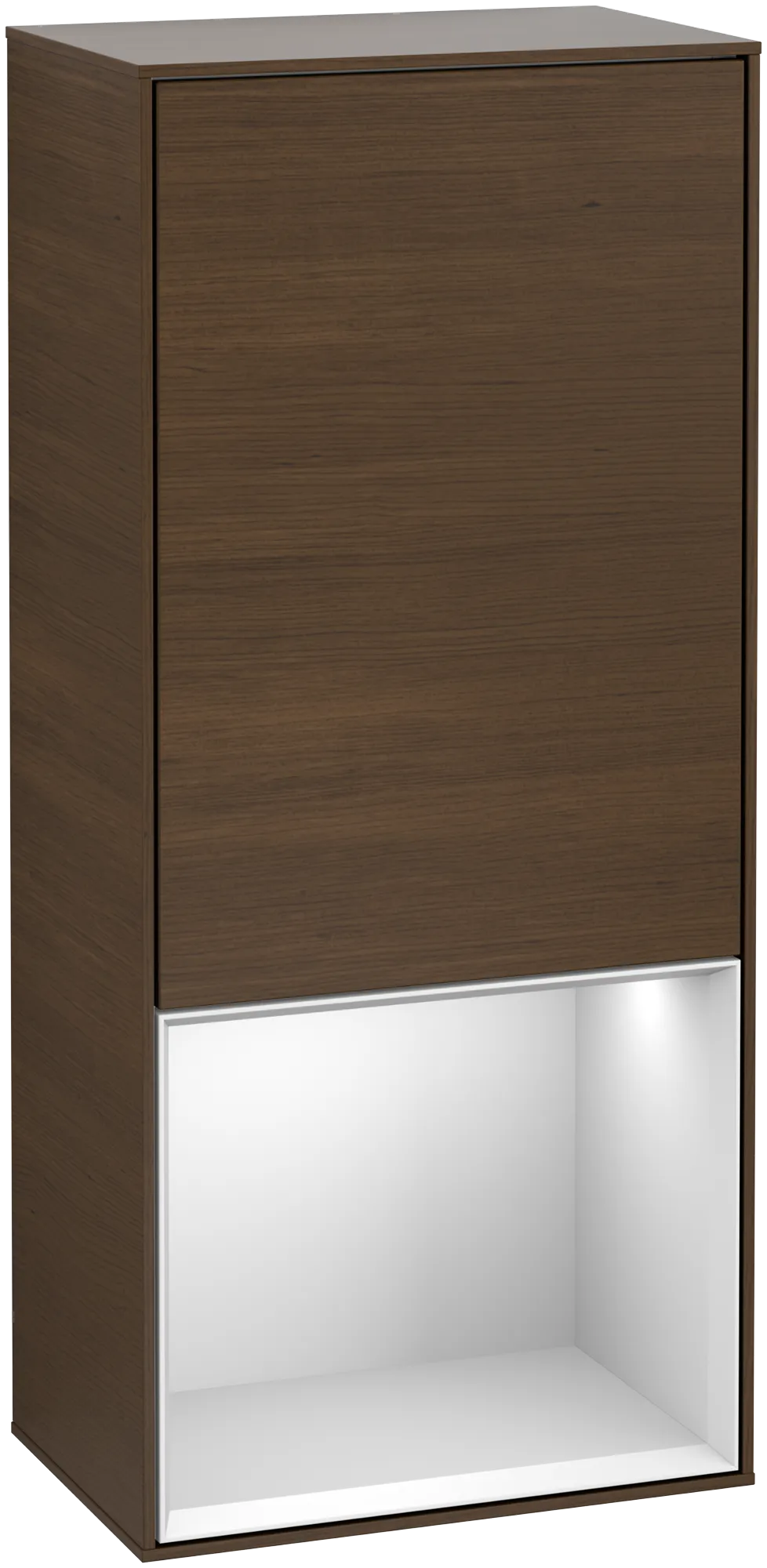 Picture of VILLEROY BOCH Finion Side cabinet, with lighting, 1 door, 418 x 936 x 270 mm, Walnut Veneer / White Matt Lacquer #G540MTGN