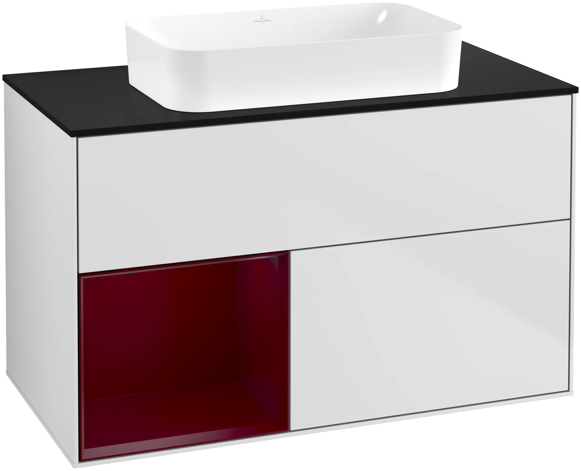 Bild von VILLEROY BOCH Finion Waschbeckenunterschrank, mit Beleuchtung, 2 Auszüge, 1000 x 603 x 501 mm, White Matt Lacquer / Peony Matt Lacquer / Glass Black Matt #G652HBMT